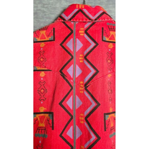 VTG Wrangler Shirt 15 1/2-3/4 Red Aztec Brushpopper Western Cowboy XLong Tail - Picture 10 of 12